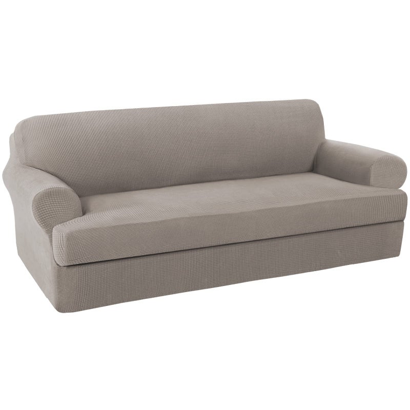 H.VERSAILTEX High Stretch Sofa Cover 2 Pieces Couch Covers Stylish Furniture Cover/Protector Soft with Spandex Jacquard Checked Pattern Fabric Suit for T Cushion/Box Cushion (Sofa 72"-88", Taupe) - Image 3